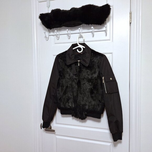 RK Black bomber jacket with rabbit hair front and detachable rabbit hair collar - Picture 5 of 12